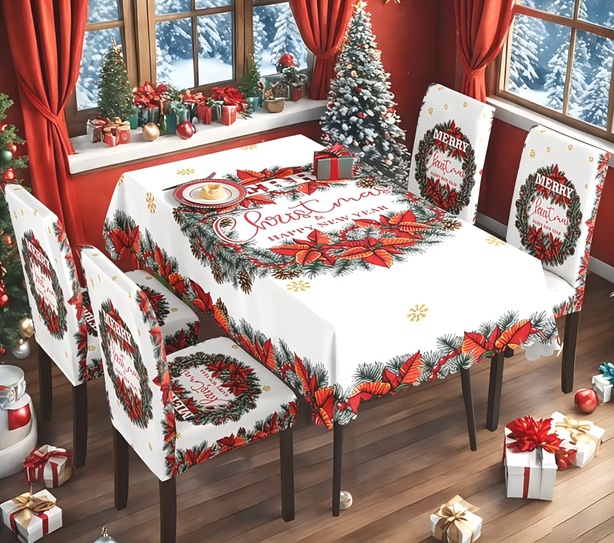 Bijeli božićni stolnjak s vijencem od borovih grana i božićnih zvijezda, natpisom Merry Christmas i presvlake za stolice s vijencem