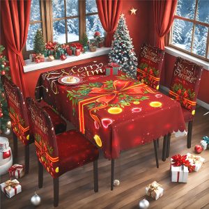 Crveni božićni stolnjak s velikom crvenom mašnom, zelenim grančicama i svjetlećim kuglicama te presvlake za stolice s mašnom i natpisom Merry Christmas
