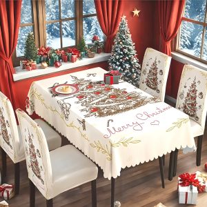 Krem božićni stolnjak s ručno crtanim borom i crvenim kuglicama, natpisom Merry Christmas i zlatnim grančicama te krem presvlake za stolice s borom