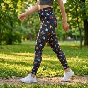 Tamne ženske tajice sa šarenim trokutićima u crvenoj, žutoj, plavoj i ljubičastoj boji na modelu u parku